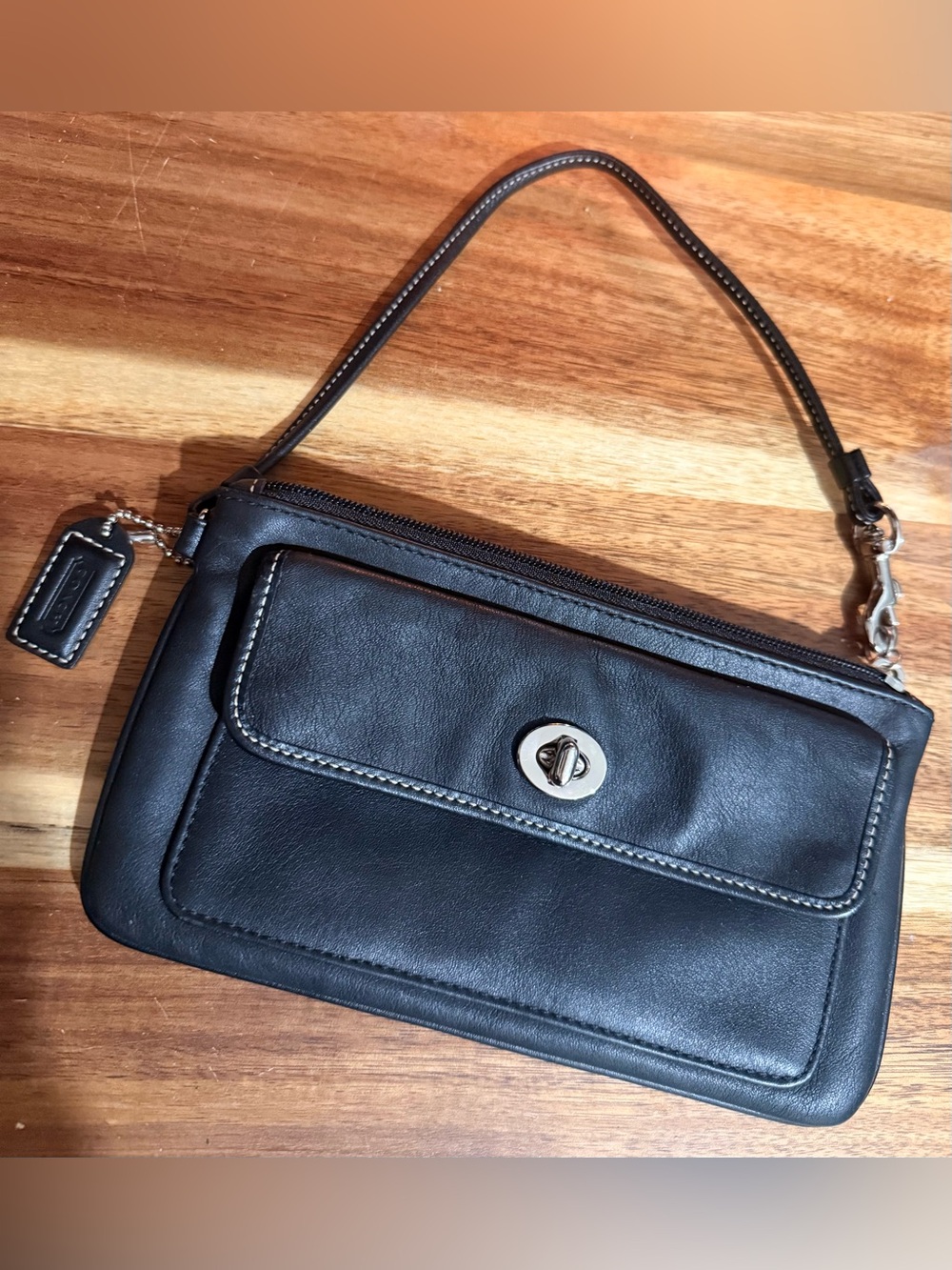 Coach Black Leather Wristlet Clutch - Classic Turnlock Closure